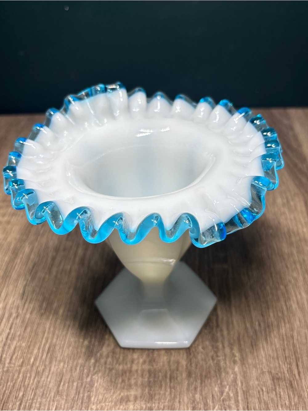 1940s No. 36  by Fenton AQUA CREST  5” H Double Crimp JIP Vase